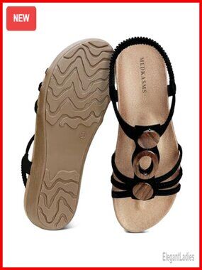 Beaded Flat Sandals with Elastic Ankle Strap - Comfortable Vegan Leather